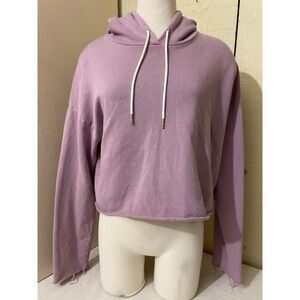 Mate Womens Large Lavender Cropped Hoodie Raw Hem Relaxed Pullover Sweatshirt